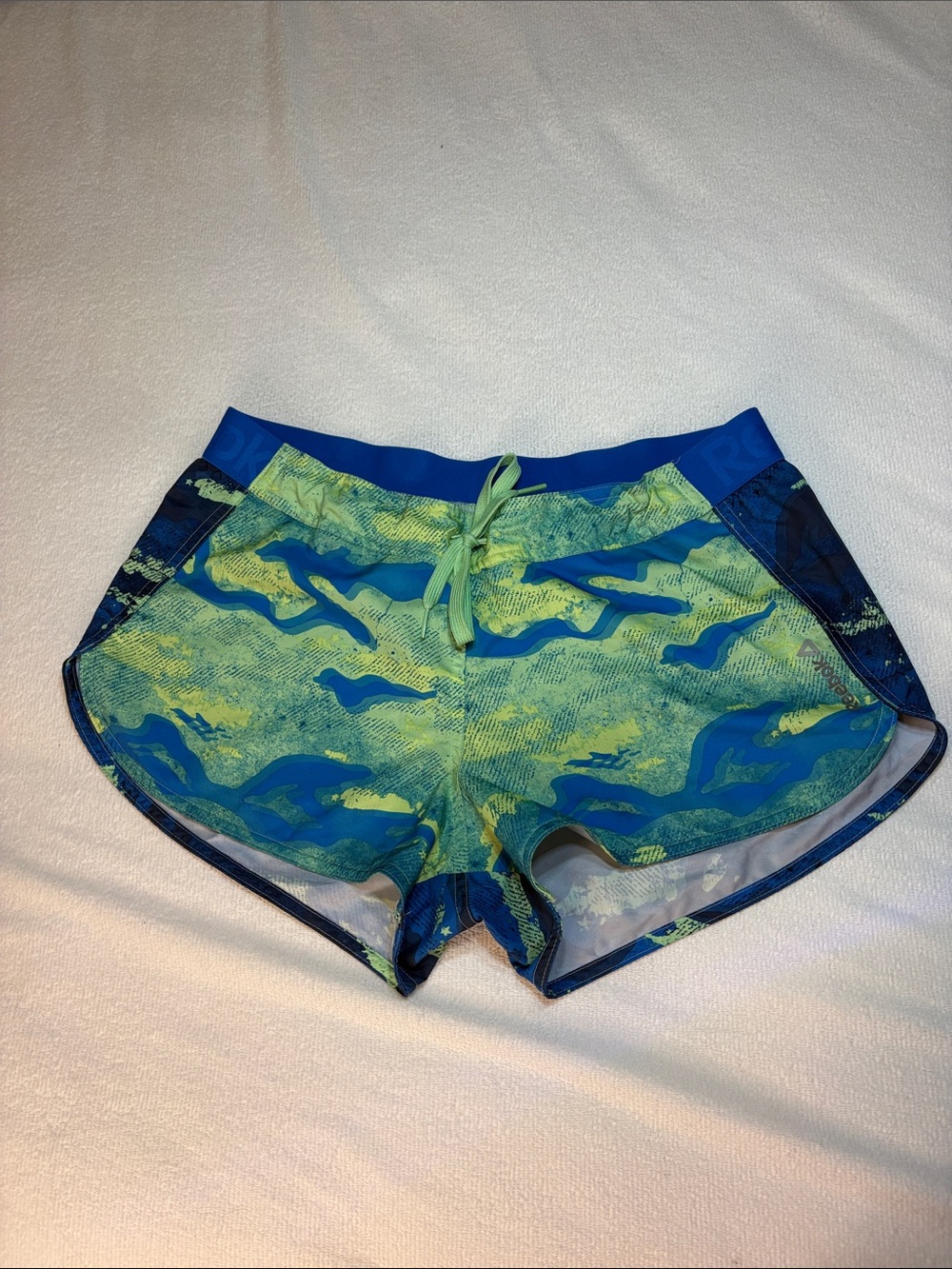 Reebok Neon Green and Blue Camo-Print Athletic Shorts